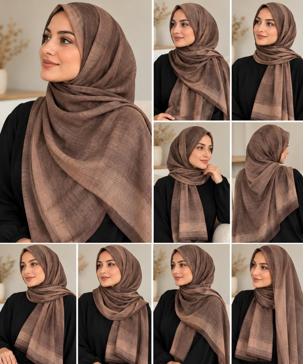 Châle hijab Tie & Dye beige et brun présenté sous plusieurs angles et différentes façons de le porter.