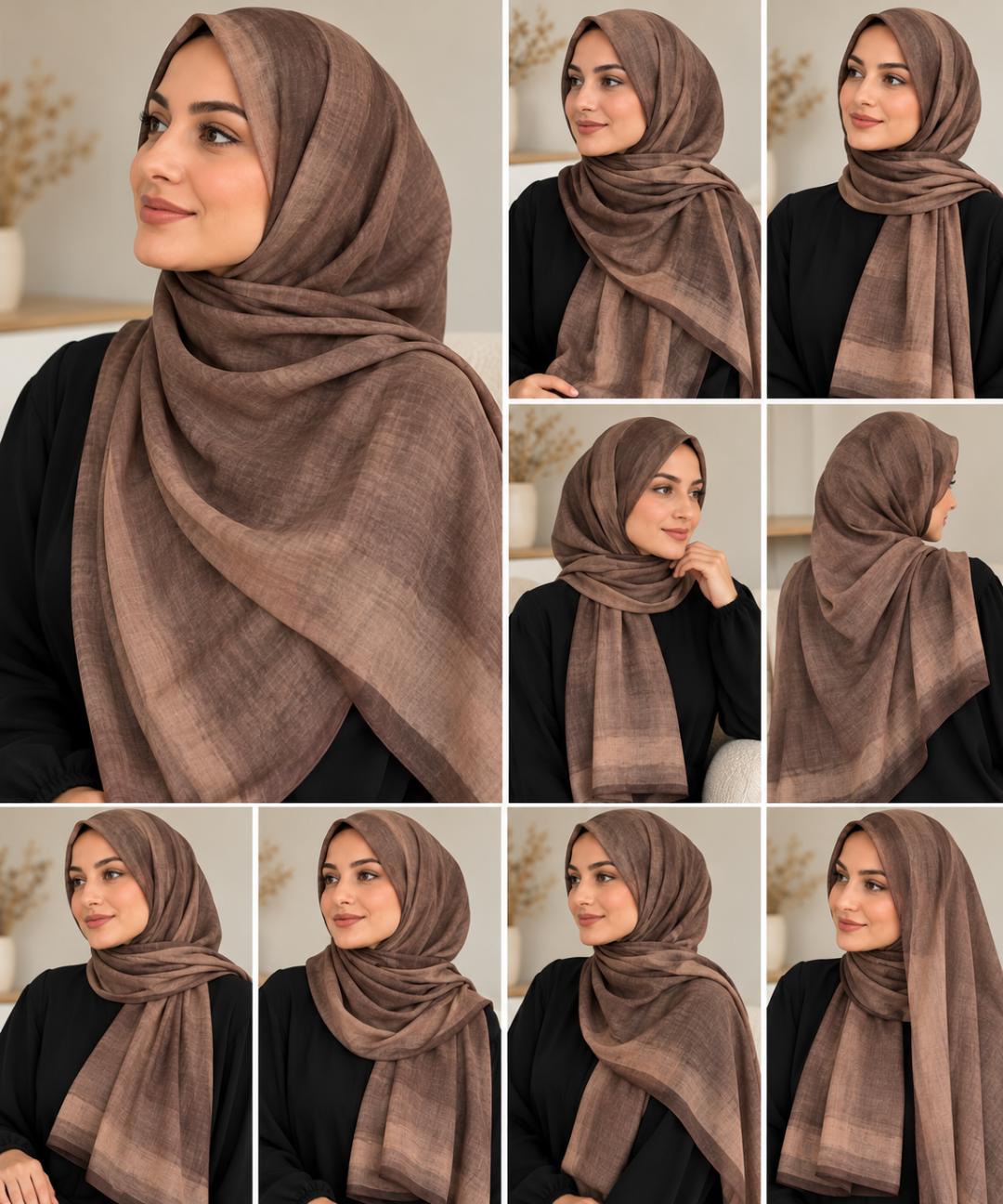 Châle hijab Tie & Dye beige et brun présenté sous plusieurs angles et différentes façons de le porter.