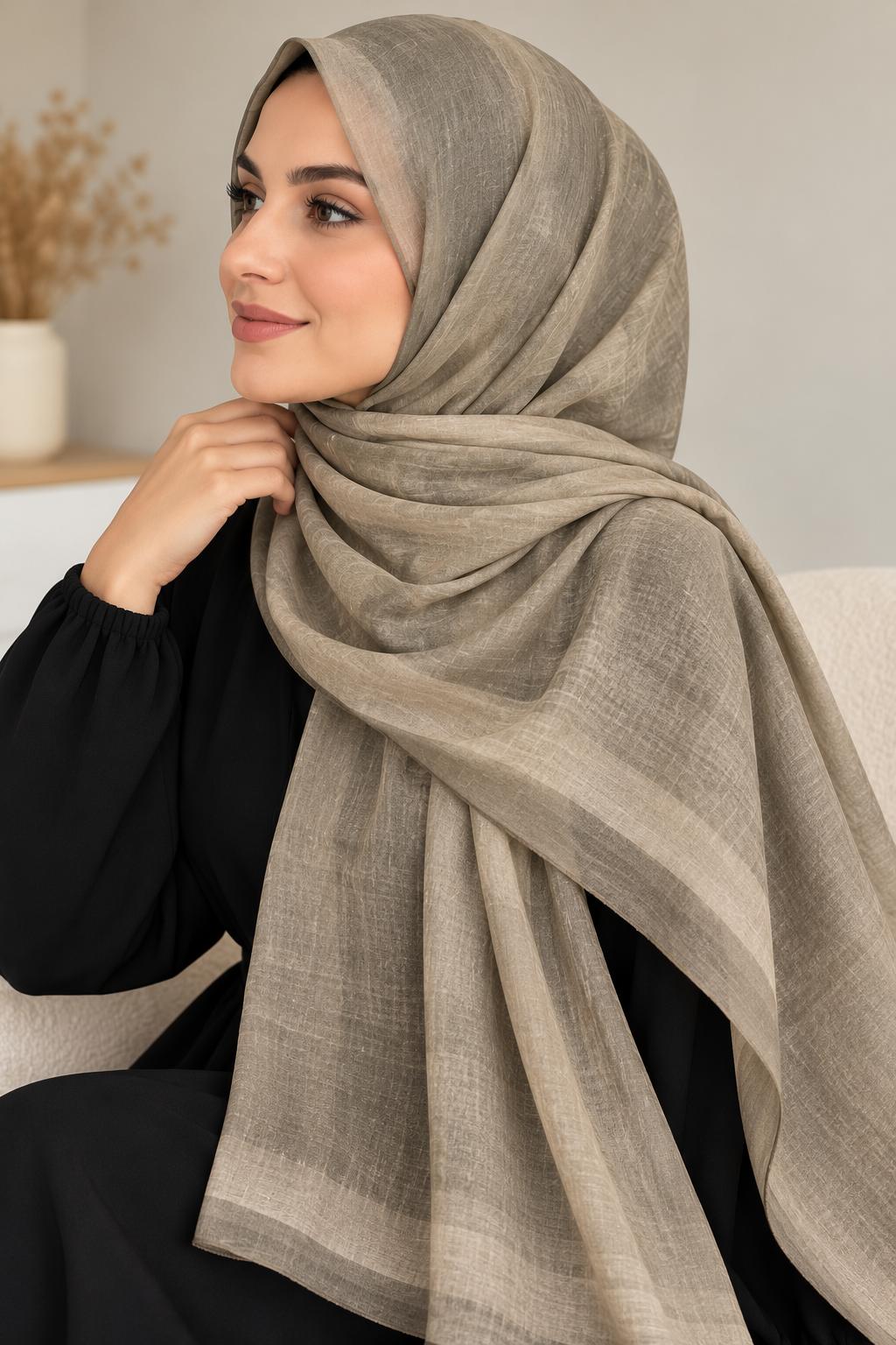 Châle hijab Tie & Dye beige et kaki à bordure claire, porté avec une tenue noire.