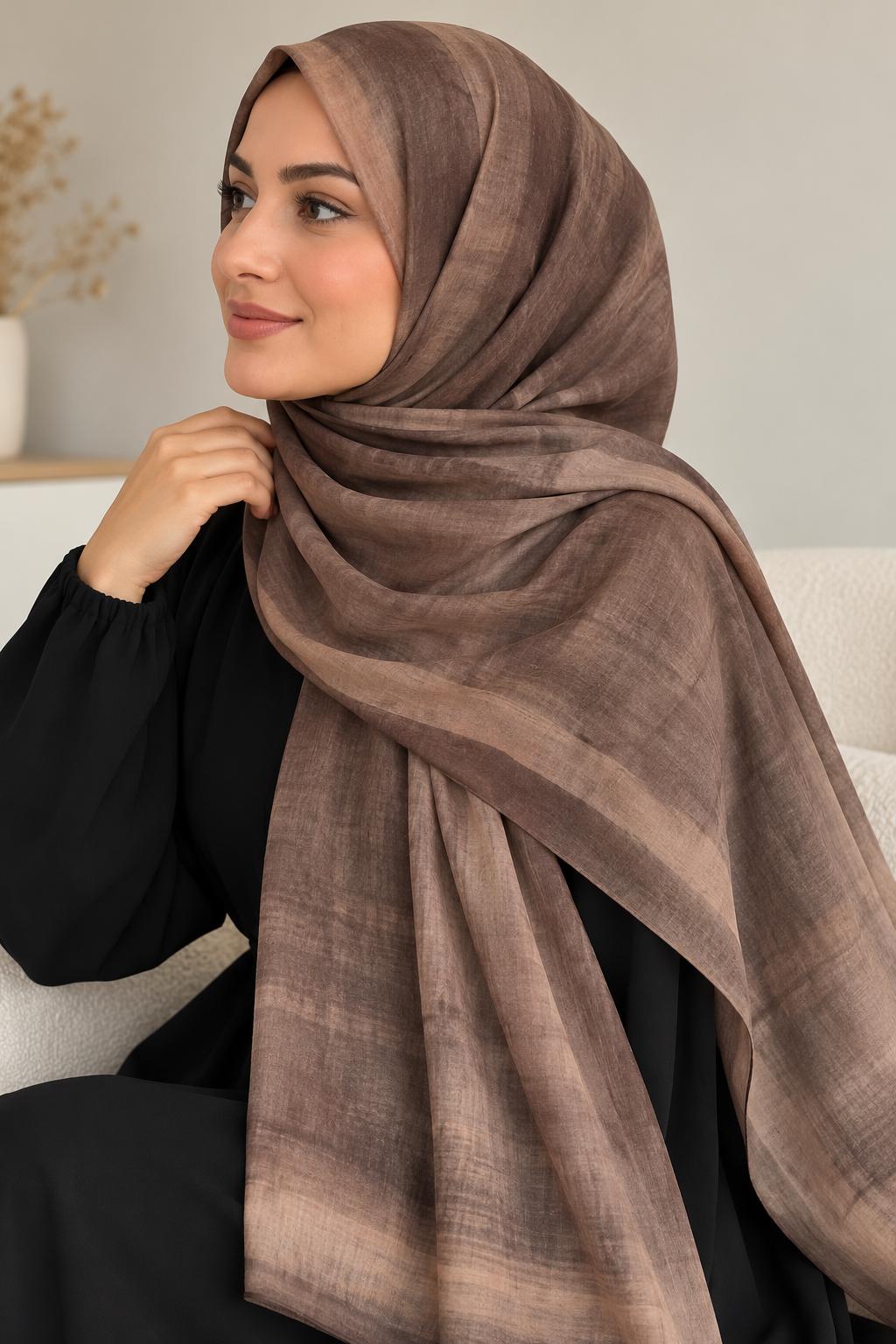 Châle hijab Tie & Dye beige et brun porté avec une tenue noire.