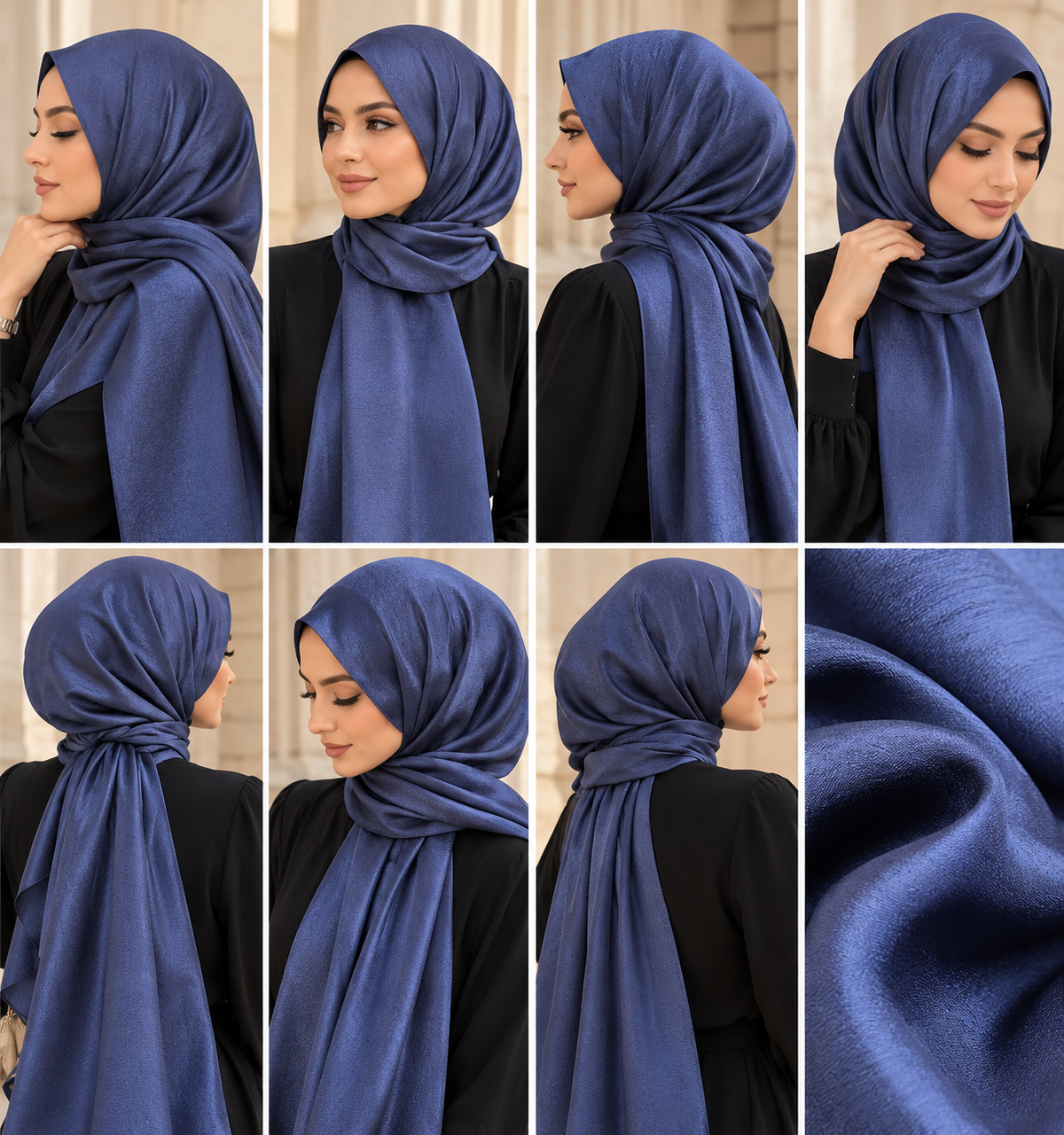 Châle satiné bleu nuit porté dans plusieurs styles