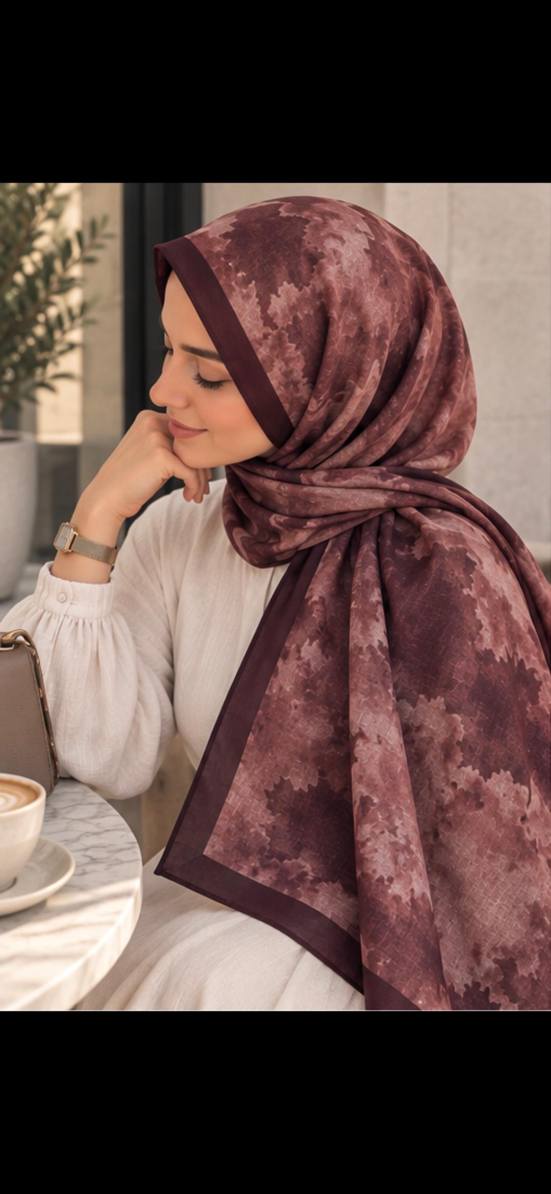 Châle floral prune et vieux rose porté en hijab