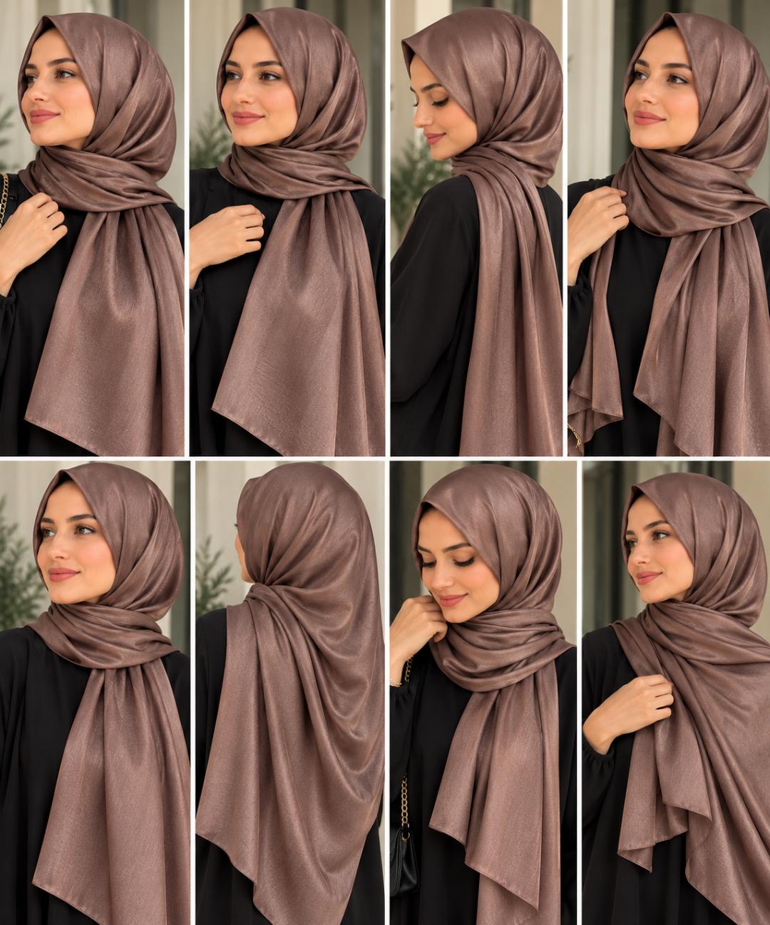 Châle satiné brun chocolat au lait, plusieurs styles de drapé avec une tenue noire