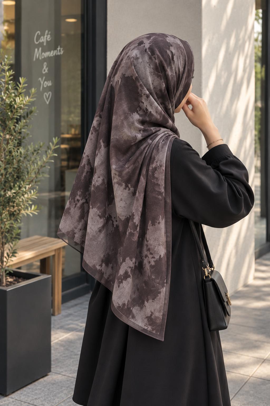 Châle nuage taupe fumé tie-dye porté en hijab