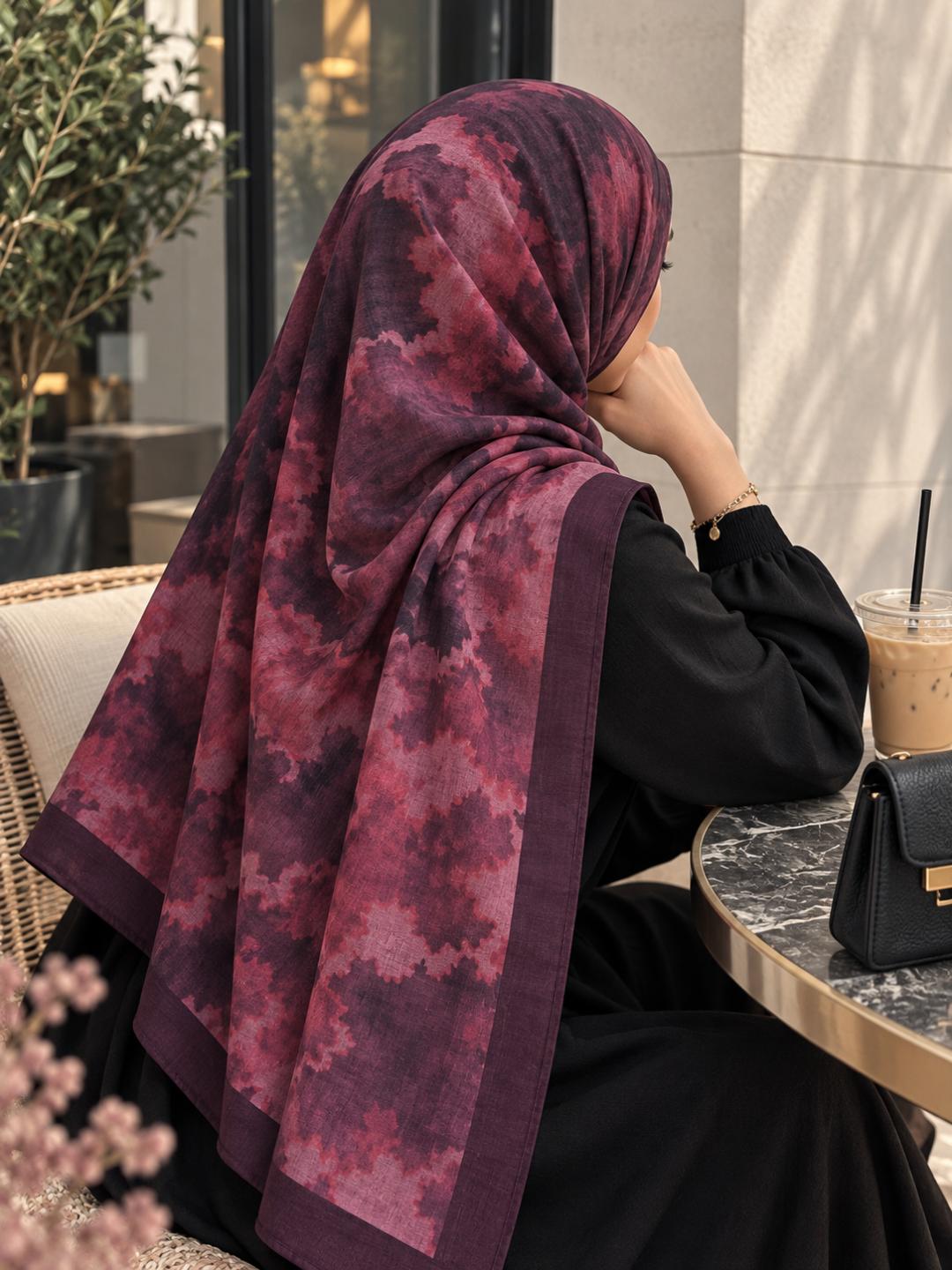 Châle nuage bordeaux prune tie-dye porté en hijab