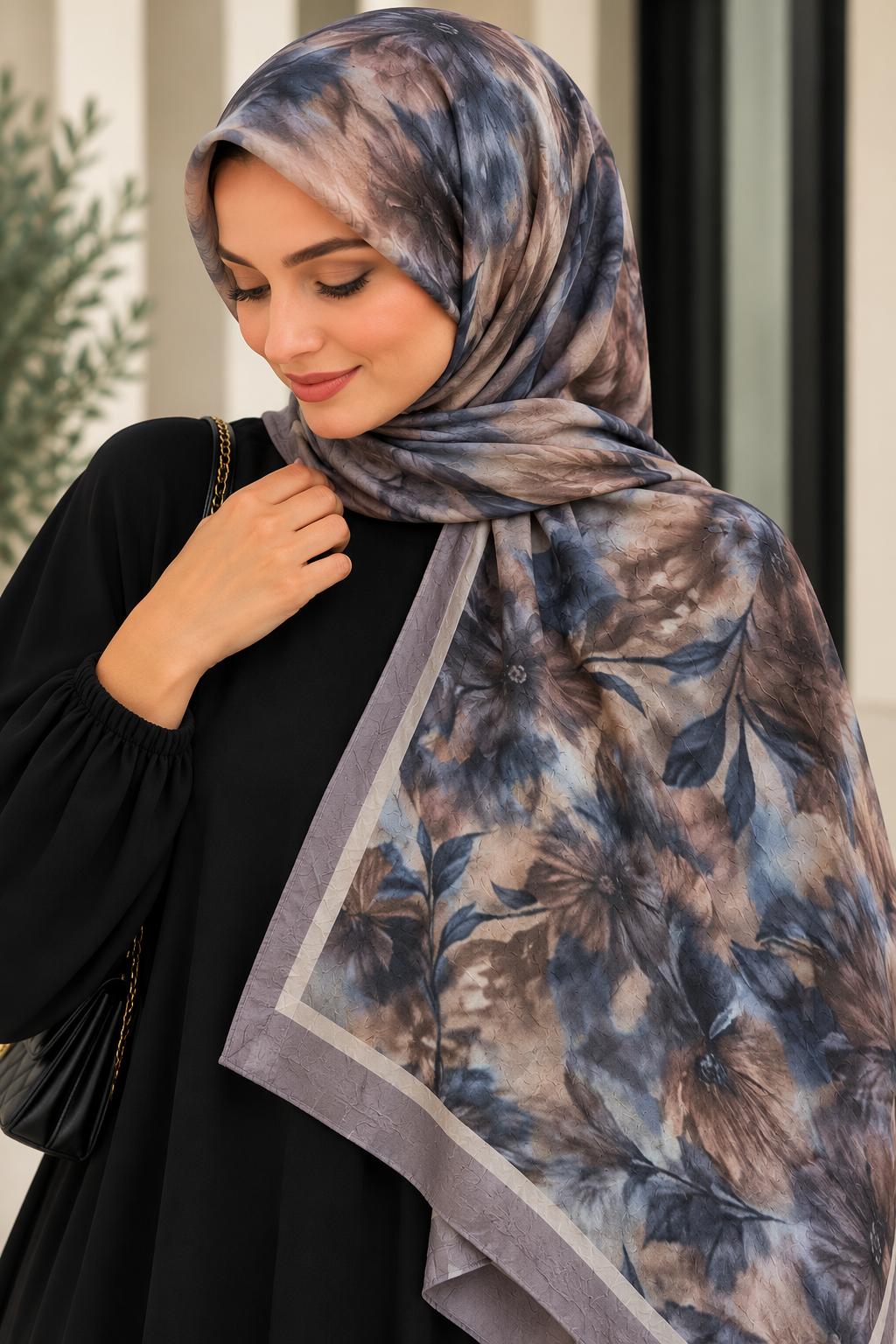 Châle à grandes fleurs gris bleuté et taupe avec bordure contrastée, porté en hijab.
