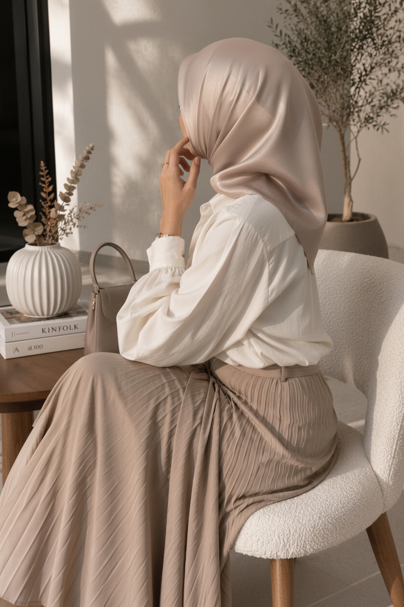 Foulard satiné carré cappuccino 95x95cm porté