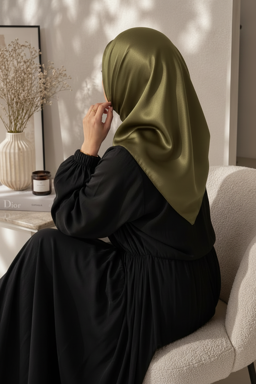 Foulard satiné carré kaki vert 95x95cm porté