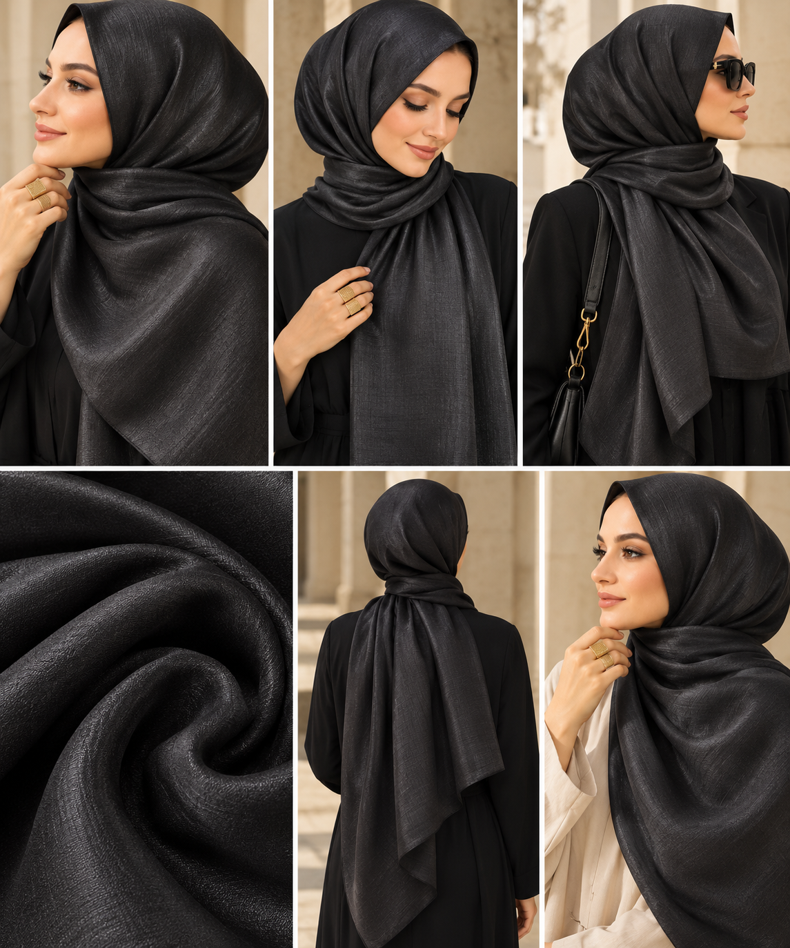 Châle satiné noir porté, plusieurs styles