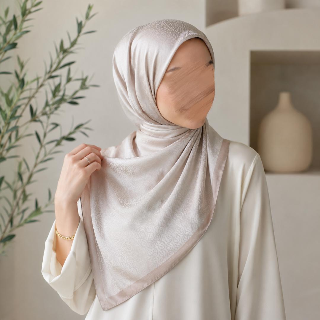 Foulard jacquard satiné beige porté en hijab