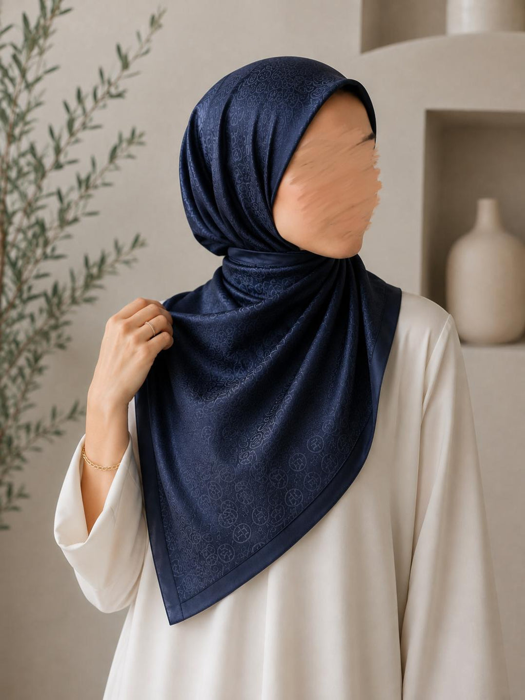 Foulard jacquard satiné bleu marine porté en hijab