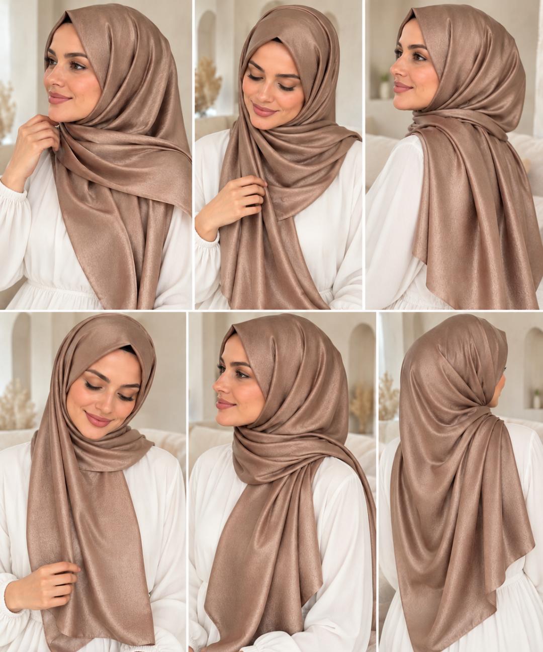 Châle satiné cappuccino, plusieurs styles de drapé avec une tenue blanche