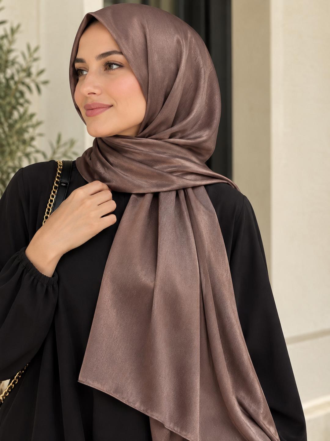 Châle satiné brun chocolat au lait porté en hijab, vue de face avec une tenue noire